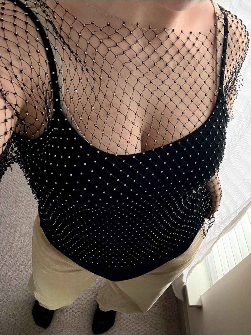 Source Unknown Black Studded Mesh-Overlay Camisole
